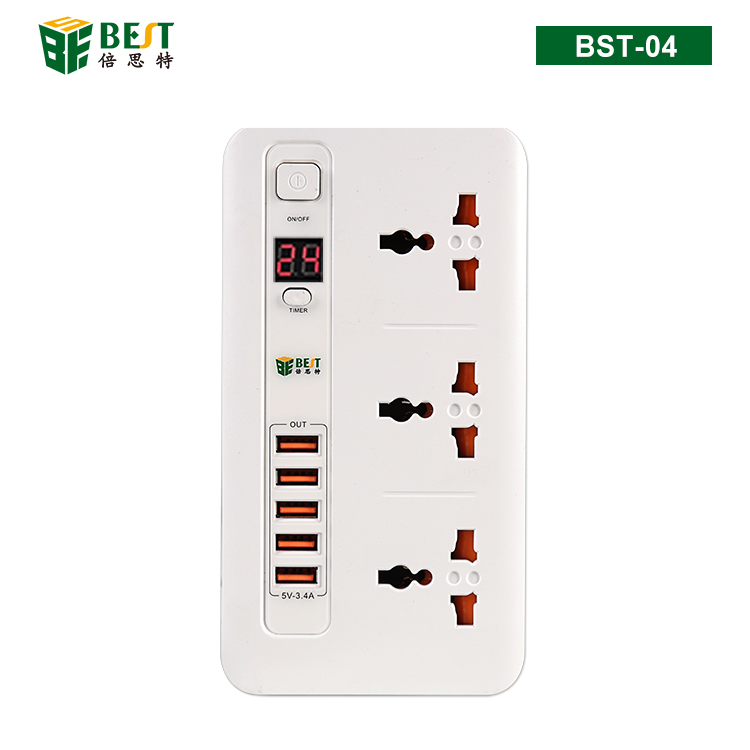 BST-04 欧规可定时万能排插 3位防火排插带5位USB输出口